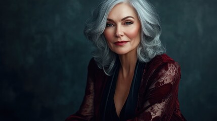 Fototapeta premium Mature woman with silver hair in elegant attire, showcasing confidence and grace, surrounded by soft lighting that accentuates her wisdom and beauty.