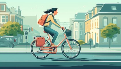 Fototapeta premium A digital artwork showing a female cyclist riding through charming, colorful town scenery