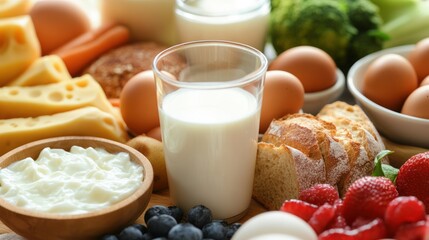 Milk for breakfast, with a full breakfast spread including milk, bread, eggs, and fruit, emphasizing a healthy and balanced start to the day.