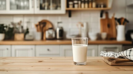 Obraz premium Milk in kitchen, placed on a counter with kitchen elements in the background, suggesting everyday use and familiarity.