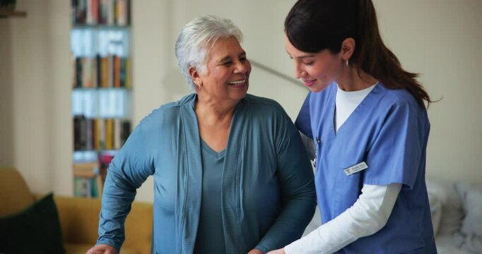 Nurse, healthcare and walker with old woman in retirement home for physiotherapy, support or osteoarthritis. Help, occupational therapy and rehabilitation assistance with person with a disability