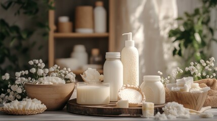 Milk used in skincare products, featuring a luxurious setup with milk-based creams, lotions, or bath products, highlighting the nourishing and moisturizing qualities of milk.