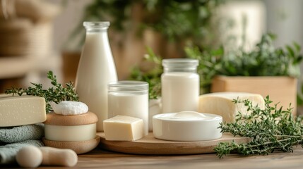 Milk used in skincare products, featuring a luxurious setup with milk-based creams, lotions, or bath products, highlighting the nourishing and moisturizing qualities of milk.