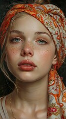 Portrait of a Woman with Freckles and a Floral Headscarf