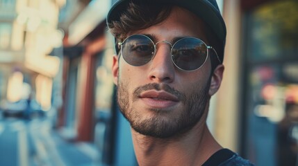 Fototapeta premium photograph of Portrait of a young handsome trendy man wearing a cap telephoto lens summer daylight cool color