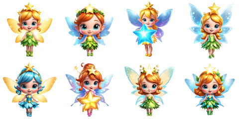 Obraz premium Set of cute Fairy Girls in 3D illustration. Character. white background