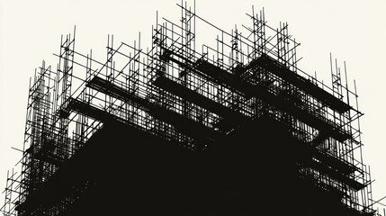 Silhouette of building framework, with the skeletal outline of a structure under construction, emphasizing geometry and architectural form.