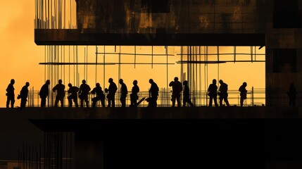 Silhouette of construction crew, capturing the teamwork and effort of a group of workers, united in their task against the backdrop of the construction site.