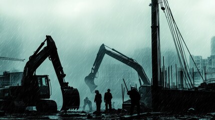Silhouette of construction in extreme weather, with workers and machinery battling against harsh elements like heavy rain, snow, or high winds, creating a dramatic and intense scene.