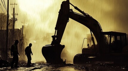 Silhouette of construction in extreme weather, with workers and machinery battling against harsh elements like heavy rain, snow, or high winds, creating a dramatic and intense scene.