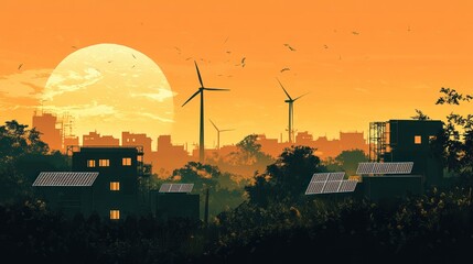 Obraz premium Silhouette of eco-friendly construction, showcasing green building techniques with elements like solar panels or wind turbines, set against the backdrop of a sustainable, natural landscape.