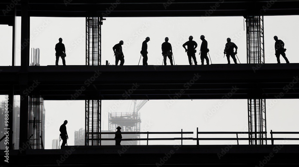 Poster silhouette of workers on a building, emphasizing the scale of the project and the essential role of 