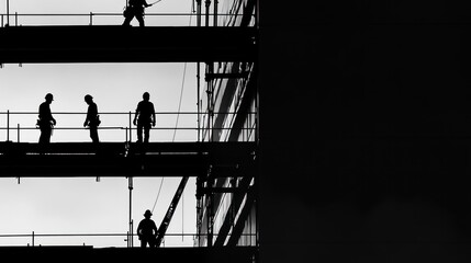 Silhouette of workers on a building, emphasizing the scale of the project and the essential role of labor in construction, with a focus on safety and teamwork.
