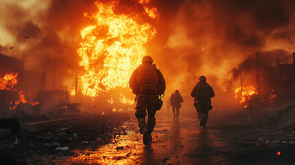 Soldiers run through a warzone, flames engulfing the city behind them.