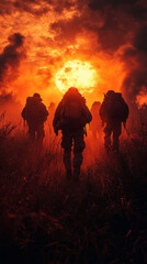 Fototapeta premium Silhouettes of soldiers walking towards a glowing sun.