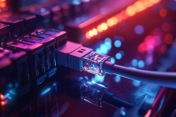 abstract technology network cable in neon blue and pink lights