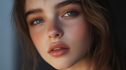 Obraz premium Teenage woman portrait with natural makeup, showcasing her fresh and youthful beauty, with soft, natural lighting that enhances her features without heavy cosmetics.