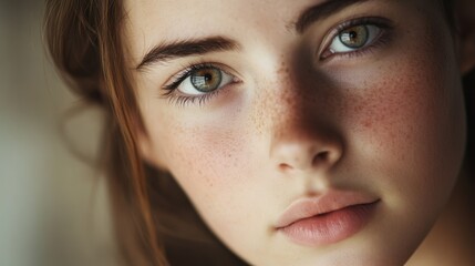 Fototapeta premium Teenage woman portrait with natural makeup, showcasing her fresh and youthful beauty, with soft, natural lighting that enhances her features without heavy cosmetics.