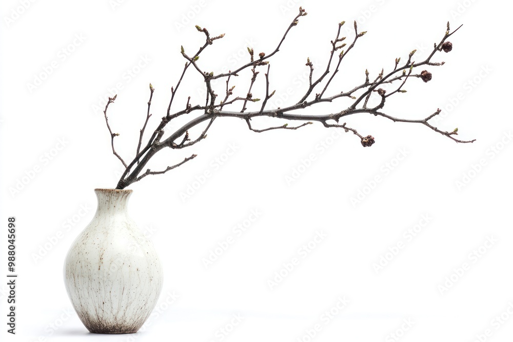 Poster tree branch in vase decor on solid white background, single object