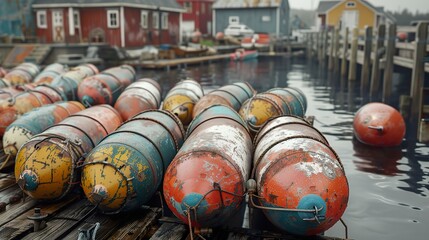 Fototapeta premium Colorful Buoys Resting on a Wooden Dock in a Calm Harbor
