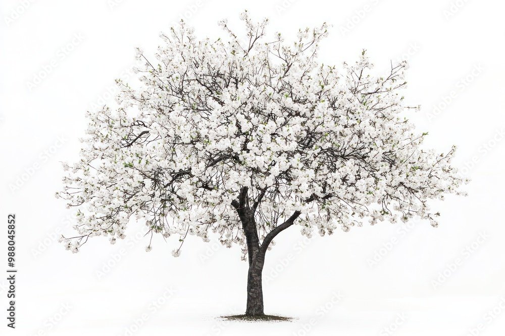 Poster tree with blossoms in delicate bloom on solid white background, single object
