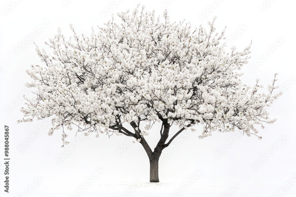 Poster tree with blossoms in delicate bloom on solid white background, single object