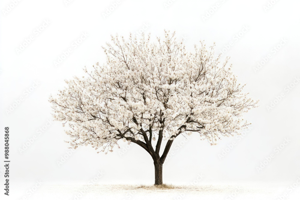 Poster tree with blossoms in delicate bloom on solid white background, single object