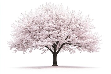 Tree with blossoms in delicate bloom on solid white background, single object