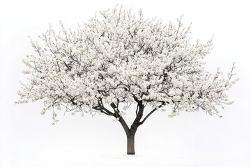 Tree with blossoms in delicate bloom on solid white background, single object