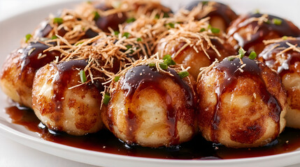 Close-up of a plate of takoyaki (octopus balls) drizzled with sauce and sprinkled with bonito flakes