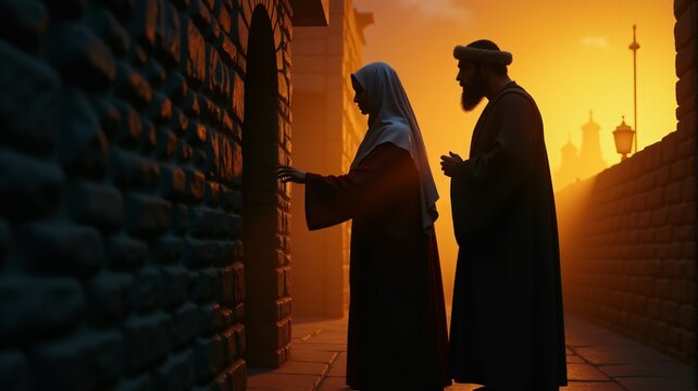 Mary and Joseph Finding Shelter, Mary and Joseph are shown knocking on the door of an inn in Bethlehem, while the right side of the banner fades into a warm background for copy space.