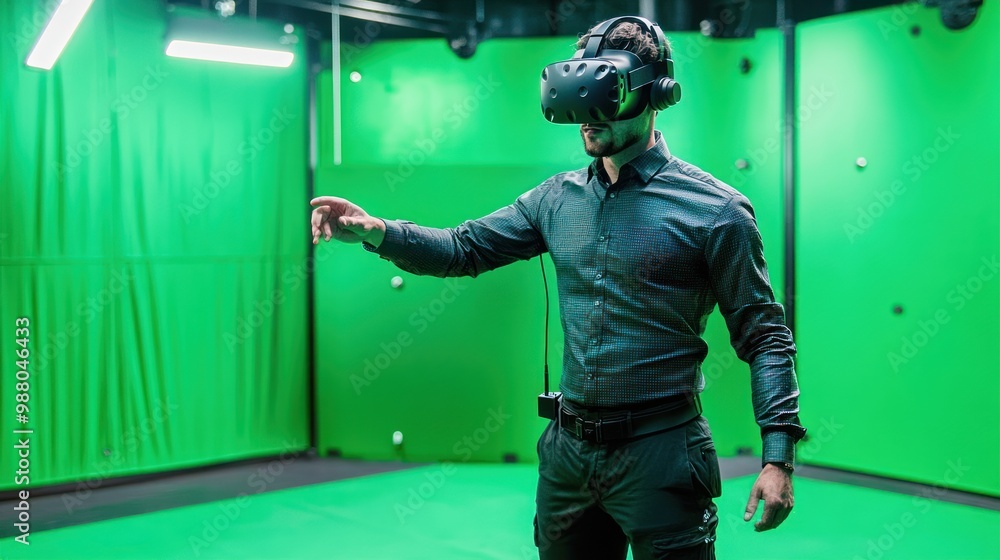 Poster virtual reality filming studio, equipped with advanced vr technology, green screens, and motion capt