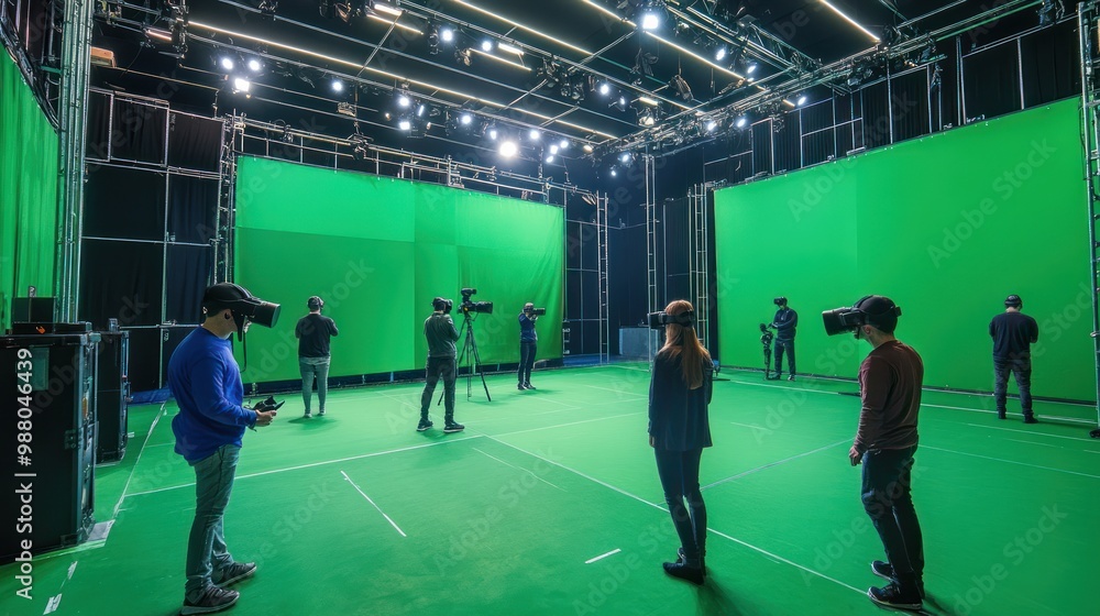 Poster virtual reality filming studio, equipped with advanced vr technology, green screens, and motion capt