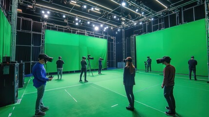 Fototapeta premium Virtual reality filming studio, equipped with advanced VR technology, green screens, and motion capture tools, creating an immersive environment for producing virtual reality content.