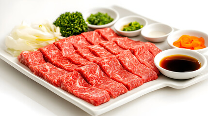 Thinly sliced beef for shabu shabu, neatly arranged with dipping sauces on the side
