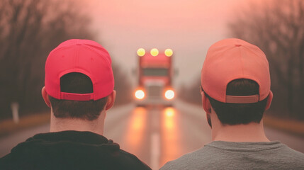 Two young men wearing caps and looking at a truck in the distance.