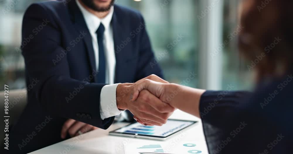 Canvas Prints Business people, hands and handshake for project, proposal or partnership together in office. Businessman, tablet and graphic for deal, budget agreement and teamwork with collaboration or b2b goal