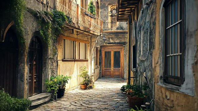 Exploring a charming cobblestone alleyway in a historic Italian village lined with quaint shops and vibrant greenery