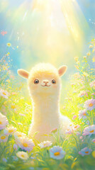 3d illustration of cute cartoon alpacas in flower fields
