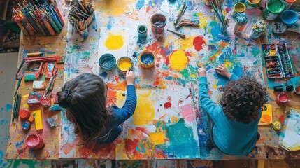A creative workspace where siblings of different backgrounds collaborate on an art project