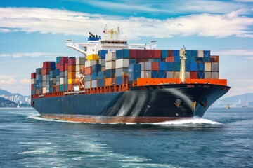 Large cargo ship loaded with colorful containers sailing in the ocean. Global shipping and transportation concept.