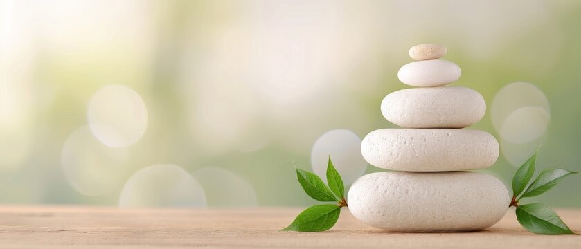 Balanced white stones with green leaves on a wooden surface, representing serenity and relaxation against a blurred natural background.