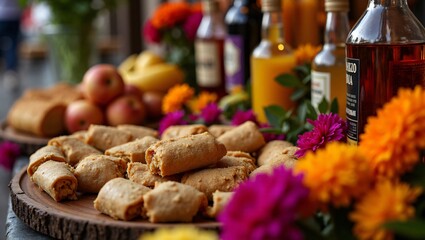 Fototapeta premium Offerings of Food and Drinks, A close-up of an ofrenda’s offerings, including tamales, fruit, tequila, and pan de muerto, with vibrant marigolds and candles framing the display.