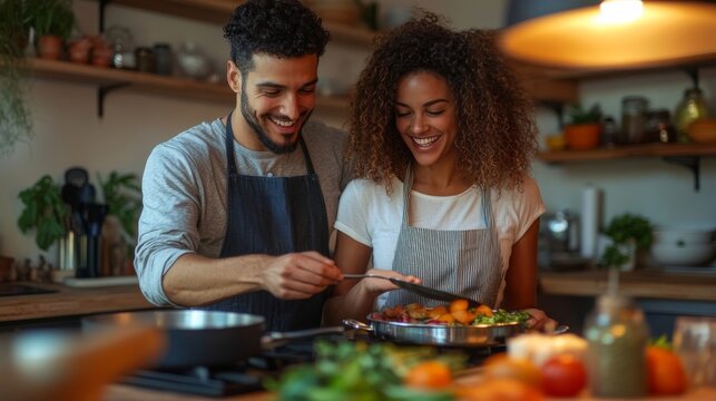 A multicultural couple cooking together in a modern kitchen