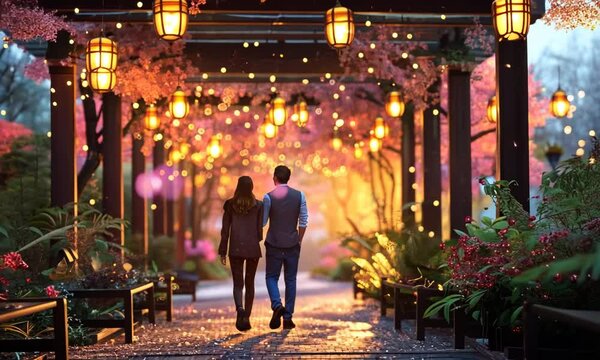 A couple is walking down a path in a park with trees and benches 4K Video