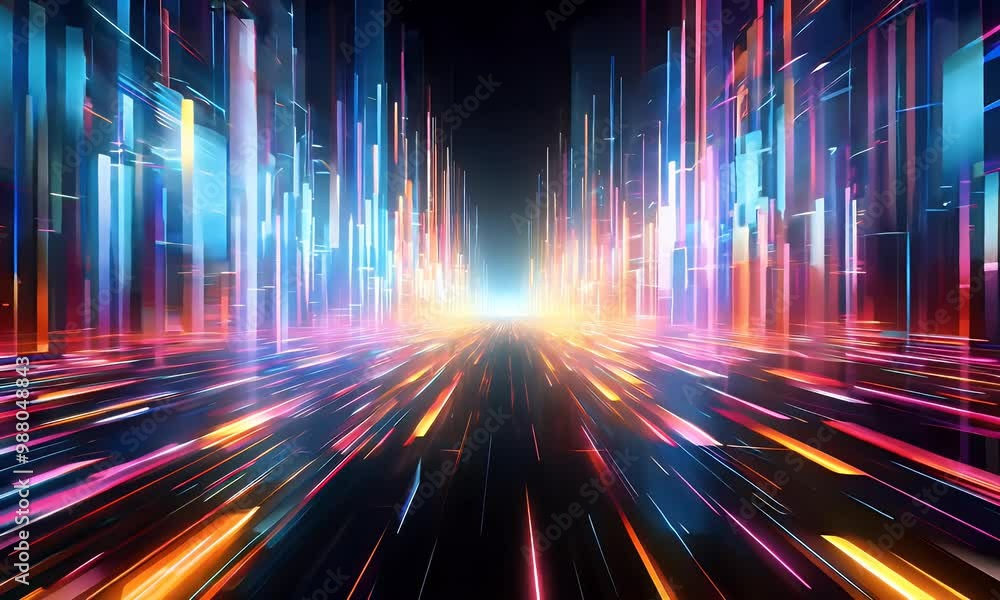 Poster dynamic digital video scenes filled with glowing geometric shapes create an immersive futuristic wor
