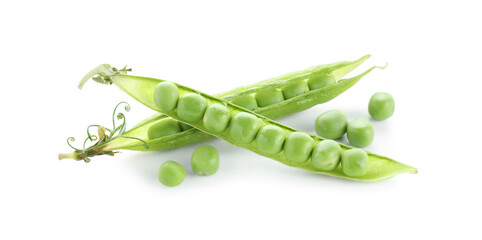 Green fresh peas and pods isolated on white