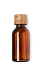 Bottle of essential oil isolated on white, top view