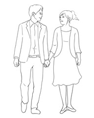 幸せそうに手をつなぐカップルの線画イラスト