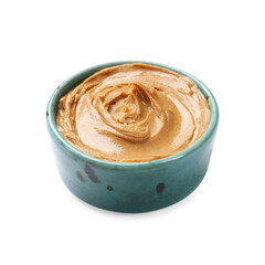 Tasty peanut butter in bowl isolated on white